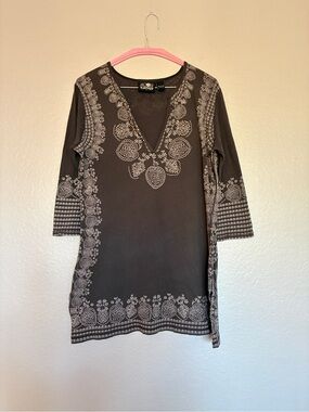 Lucky Brand 100% Cotton Grey Tunic with Cream Paisley Leaf Detail Beautiful Y2K